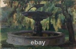 Old Painting Signed Henri Villain, Fontaine In A Park, Oil On Panel