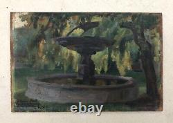 Old Painting Signed Henri Villain, Fontaine In A Park, Oil On Panel