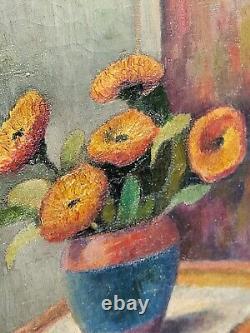 Old Painting Signed L TRICON 1918 Flower Bouquet Oil Painting on Canvas