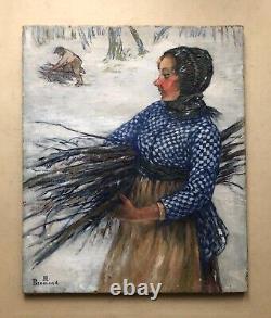 Old Painting Signed Marie Jeanne Brémond, The Wood Gatherer, Oil on Canvas