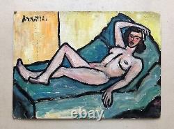Old Painting Signed, Nude Female, Oil On Cardboard, Painting, Middle 20th Century