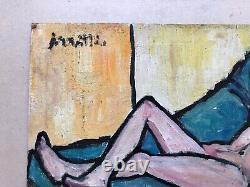 Old Painting Signed, Nude Female, Oil On Cardboard, Painting, Middle 20th Century