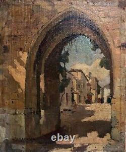 Old Painting Signed Raoul Dastrac, Animated Alley, Oil on Canvas, Early 20th Century