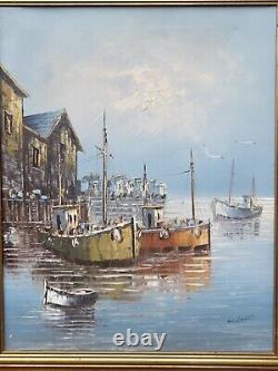 Old Painting Signed W Jones Fishing Harbour Trawlers Oil Painting On Canvas