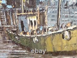 Old Painting Signed W Jones Fishing Harbour Trawlers Oil Painting On Canvas