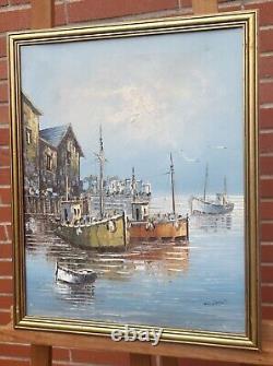 Old Painting Signed W Jones Fishing Harbour Trawlers Oil Painting On Canvas