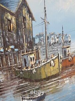 Old Painting Signed W Jones Fishing Harbour Trawlers Oil Painting On Canvas