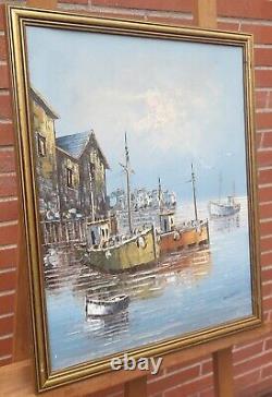 Old Painting Signed W Jones Fishing Harbour Trawlers Oil Painting On Canvas