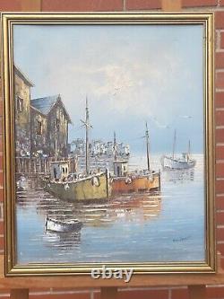 Old Painting Signed W Jones Fishing Harbour Trawlers Oil Painting On Canvas