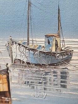 Old Painting Signed W Jones Fishing Harbour Trawlers Oil Painting On Canvas