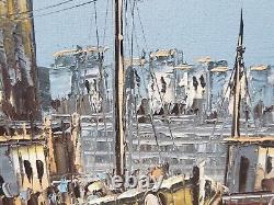 Old Painting Signed W Jones Fishing Harbour Trawlers Oil Painting On Canvas