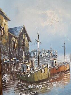 Old Painting Signed W Jones Fishing Harbour Trawlers Oil Painting On Canvas