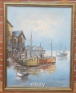 Old Painting Signed W Jones Fishing Harbour Trawlers Oil Painting On Canvas