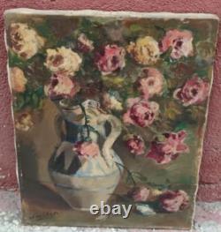 Old Painting Still Life Bouquet of Pink Flowers Impressionist 20th Century