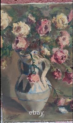 Old Painting Still Life Bouquet of Pink Flowers Impressionist 20th Century