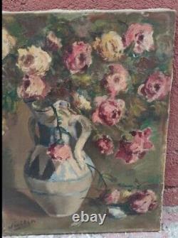 Old Painting Still Life Bouquet of Pink Flowers Impressionist 20th Century