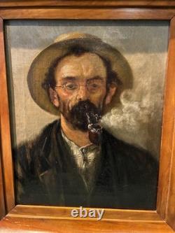 Old Painting Tableau Portrait of a Pipe Smoker 19th Century