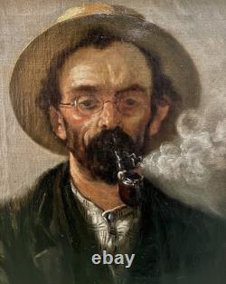 Old Painting Tableau Portrait of a Pipe Smoker 19th Century