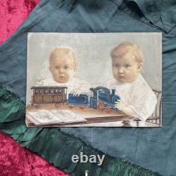 Old Painting Two Boys Play Train and Book Oil on Cardboard