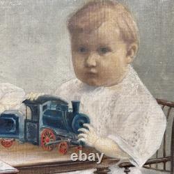 Old Painting Two Boys Play Train and Book Oil on Cardboard