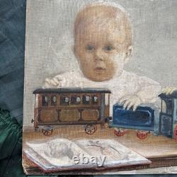 Old Painting Two Boys Play Train and Book Oil on Cardboard