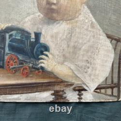 Old Painting Two Boys Play Train and Book Oil on Cardboard