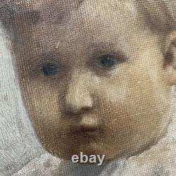 Old Painting Two Boys Play Train and Book Oil on Cardboard
