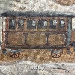 Old Painting Two Boys Play Train and Book Oil on Cardboard
