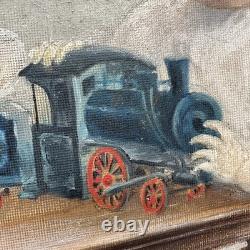 Old Painting Two Boys Play Train and Book Oil on Cardboard