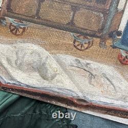Old Painting Two Boys Play Train and Book Oil on Cardboard