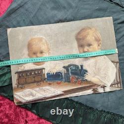Old Painting Two Boys Play Train and Book Oil on Cardboard