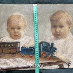 Old Painting Two Boys Play Train and Book Oil on Cardboard