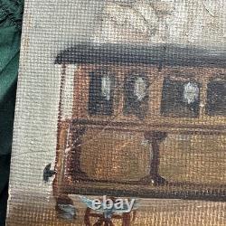Old Painting Two Boys Play Train and Book Oil on Cardboard