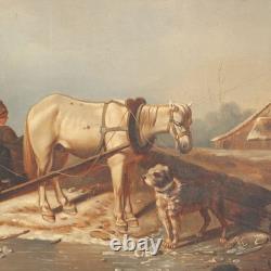 Old Painting Winter Scene Oil on Canvas Europe 19th Century Original