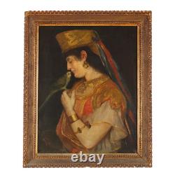 Old Painting Young Woman with Parrot Oil on Canvas 800 Original