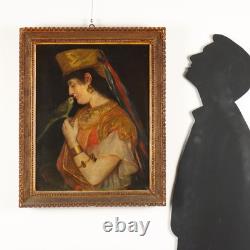 Old Painting Young Woman with Parrot Oil on Canvas 800 Original