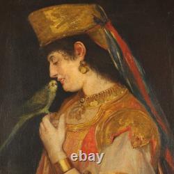 Old Painting Young Woman with Parrot Oil on Canvas 800 Original