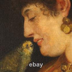 Old Painting Young Woman with Parrot Oil on Canvas 800 Original