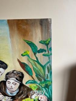 Old Painting oil on canvas mounted on panel R. DEBEAUMON 20th century characters