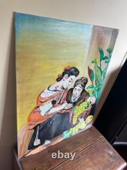 Old Painting oil on canvas mounted on panel R. DEBEAUMON 20th century characters