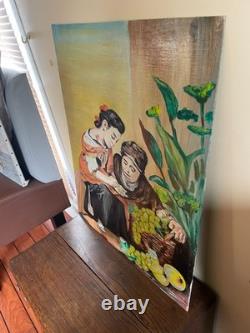 Old Painting oil on canvas mounted on panel R. DEBEAUMON 20th century characters