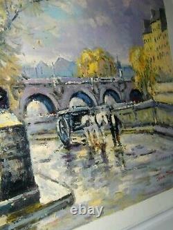 Old Painting on Canvas by Artist Jean Defoy: The Seine River Bank in Paris