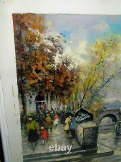 Old Painting on Canvas by Artist Jean Defoy: The Seine River Bank in Paris