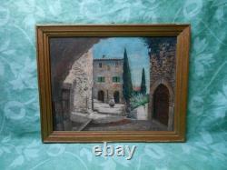 Old Painting on Wood from the Barbizon School, Provence Village, Provençal