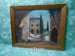 Old Painting on Wood from the Barbizon School, Provence Village, Provençal