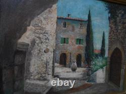 Old Painting on Wood from the Barbizon School, Provence Village, Provençal