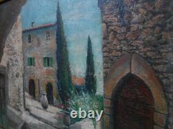 Old Painting on Wood from the Barbizon School, Provence Village, Provençal