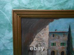 Old Painting on Wood from the Barbizon School, Provence Village, Provençal