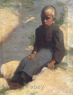 Old Paintings, Young Peasant Woman Sitting at the Water’s Edge, Circa 1900
