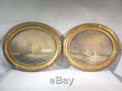 Old Pair Of Marine Boards Sailboats Oil On Wood Signed Epoque End Xixth